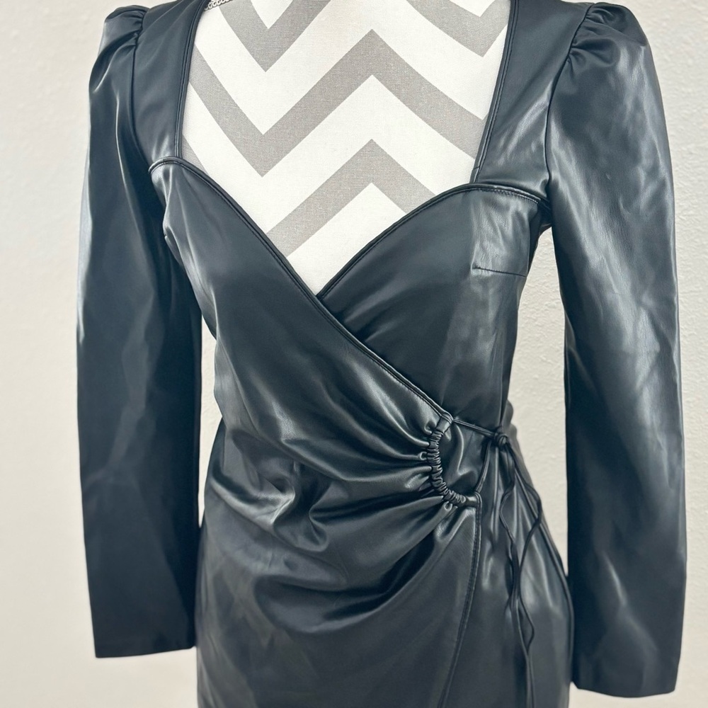 Zara Black Faux Leather Long Sleeve Wrap Mini Dress - Picture 3 of 10